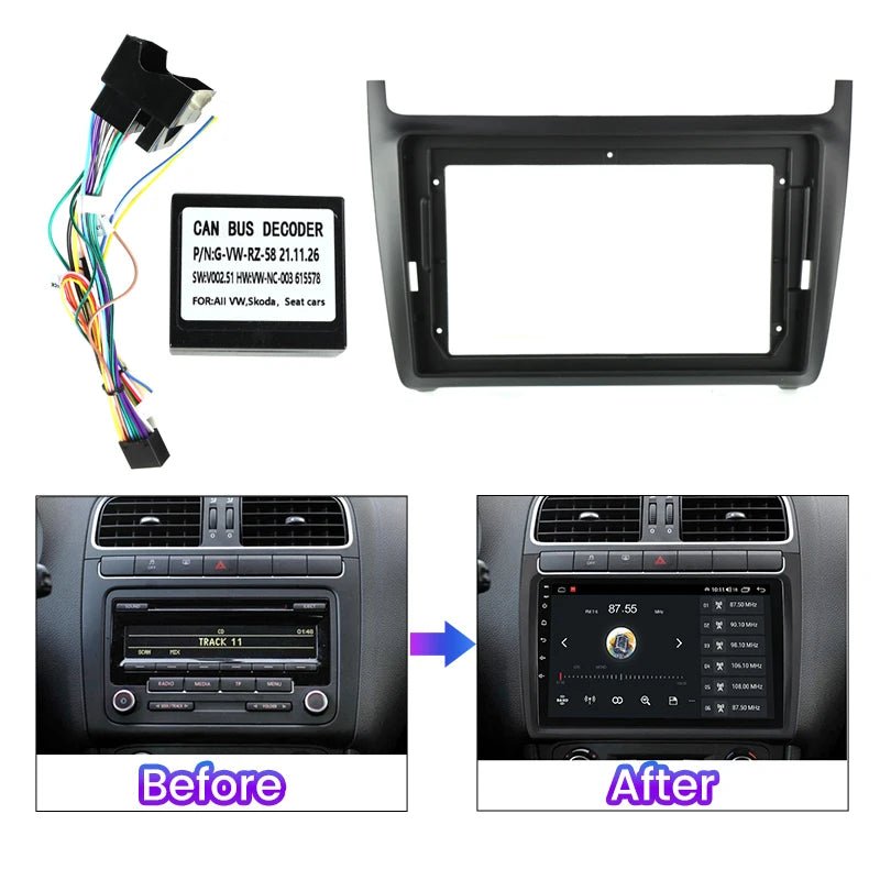 9 inch Car Radio Frame For VW Volkswagen Polo 5 Golf Passat GPS Dash Mount Kit Install Panel Adapter Cover Fascia Cable Canbus