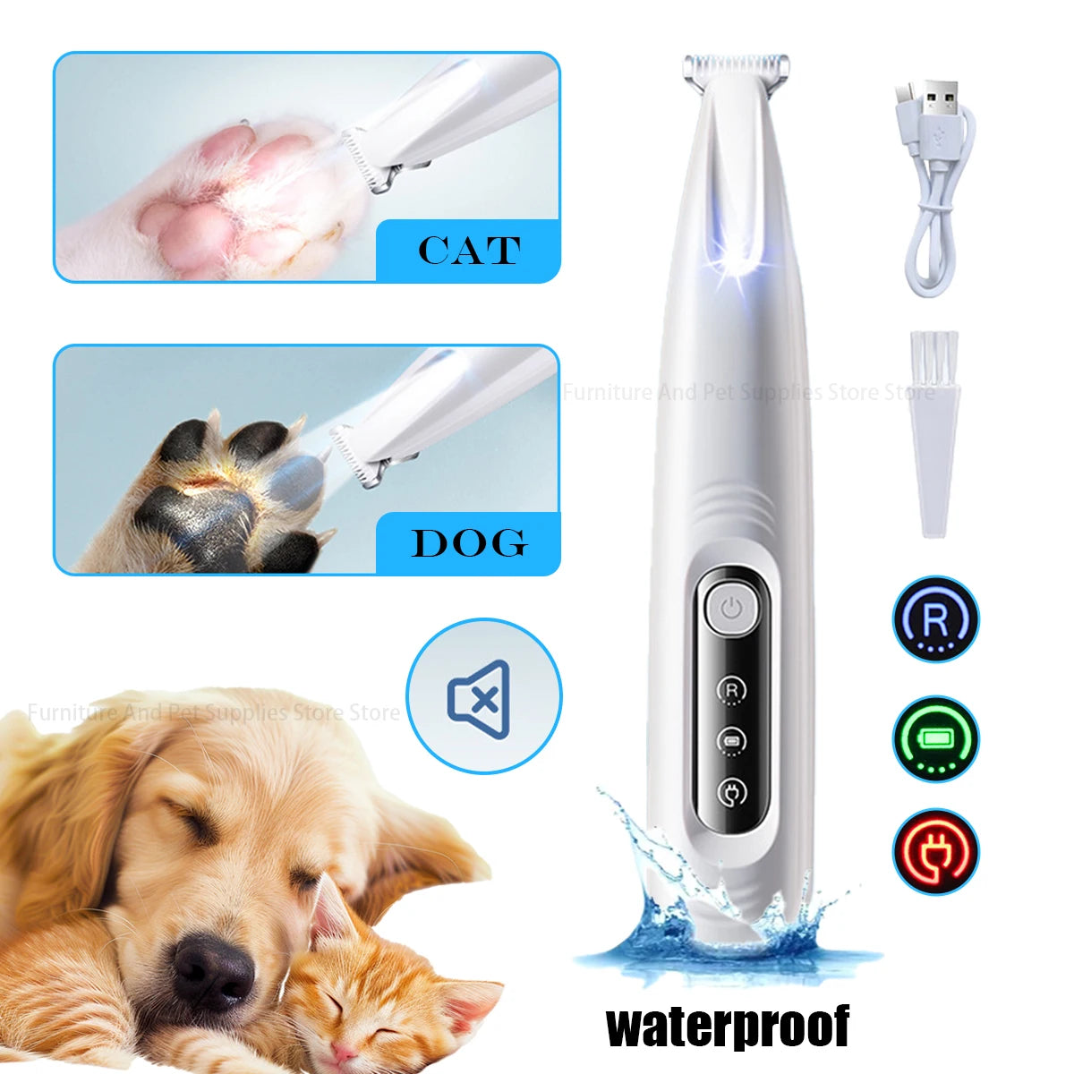 New Dog Paw Trimmer with LED Light Fully Waterproof Pet Hair Trimmer with LED Display Dog Clippers for Grooming 18mm Widen Blade