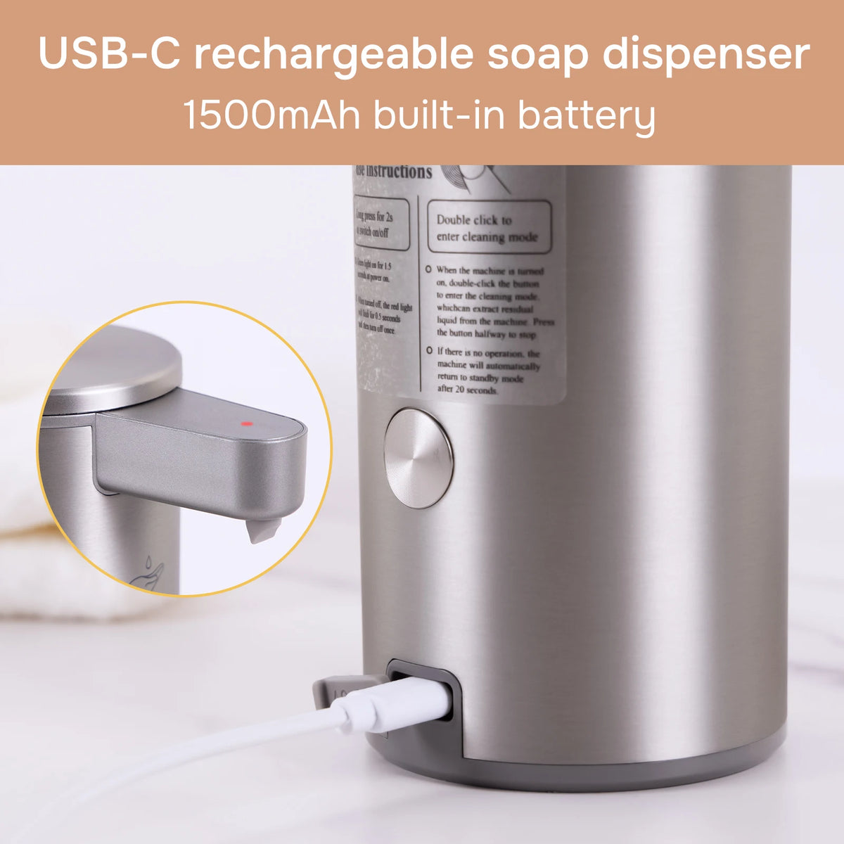  Automatic Soap Dispenser Stainless Touchless Rechargeable Hand Sanitizer Shampoo Detergent Dispenser for Kitchen Bathroom Toil