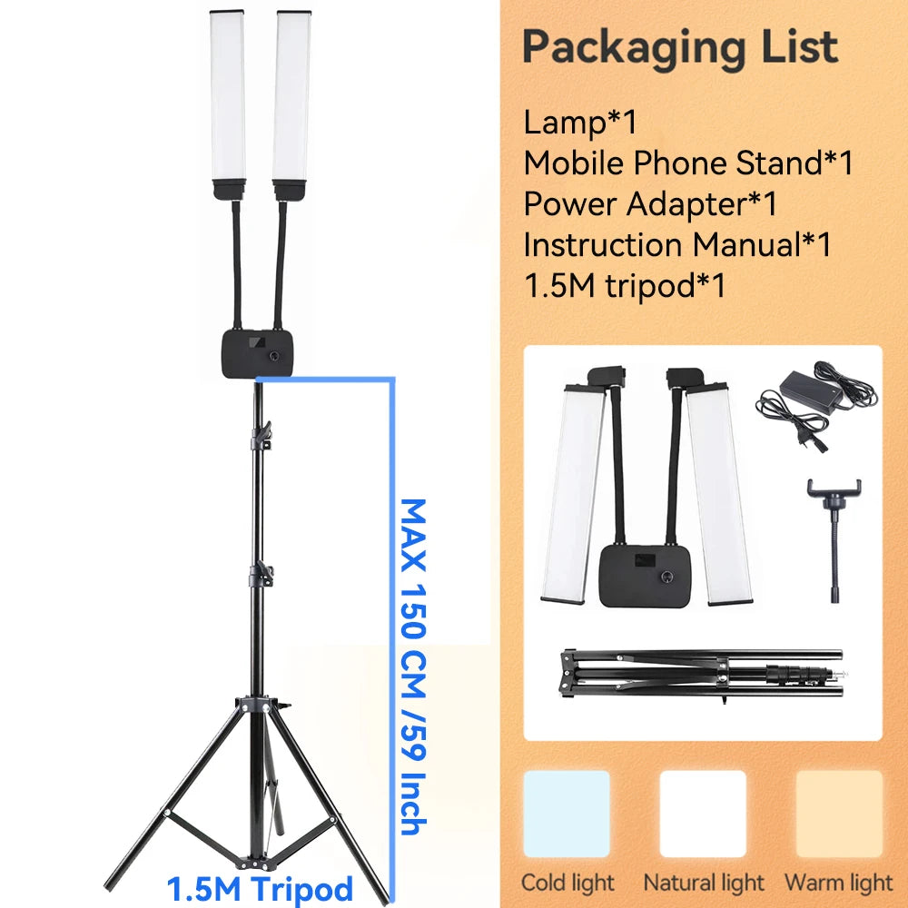 Double Arm LED Fill Light with LCD, 3200-5600K Photo Studio Selfie Lamp, Tripod Options