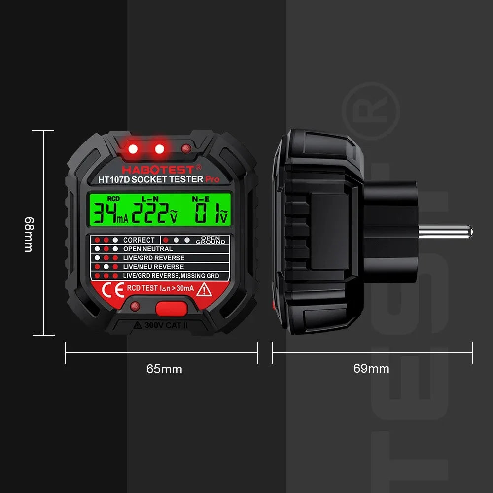 Habotest HT107 Pro Socket Tester A Comprehensive Tool for Voltage, RCD 30mA, UK/EU Plug Grounding, Zero Line, Polarity and Phas