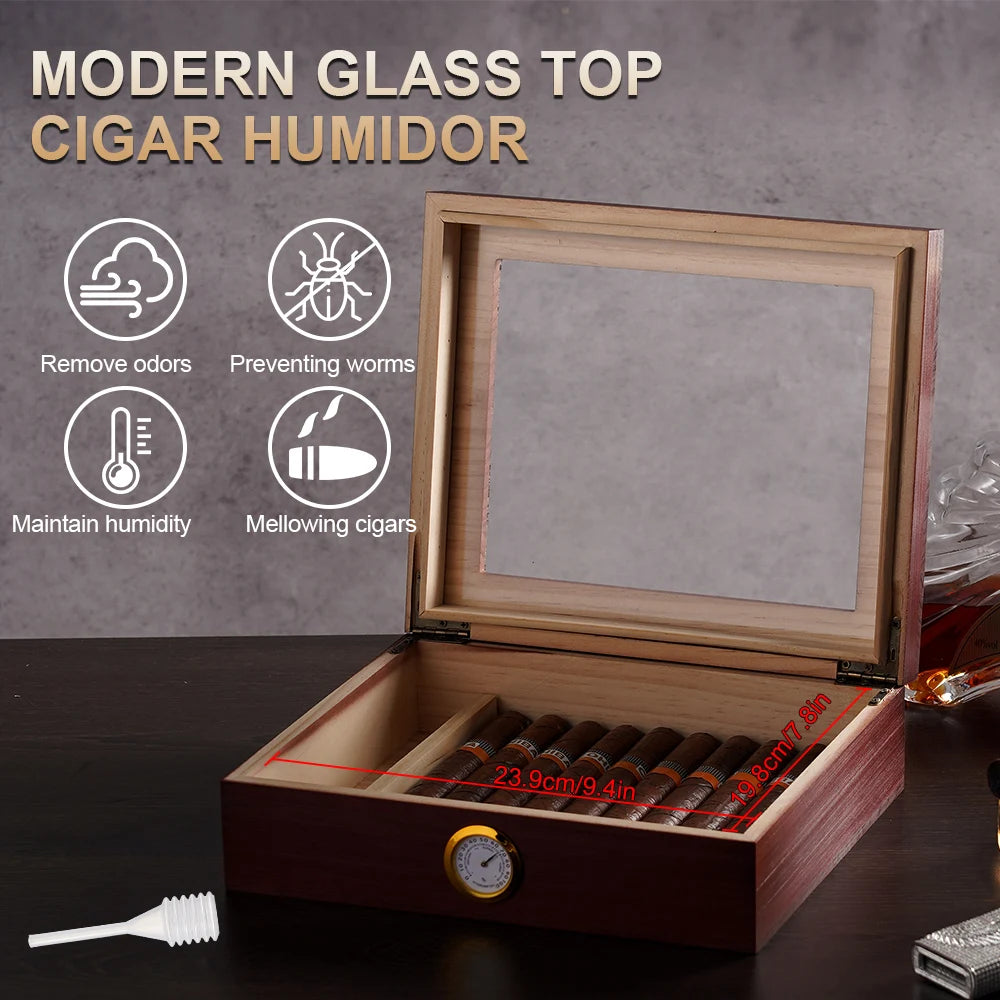 Cigar Humidor, Cedar Wood Desktop Humidors Case with Digital Hygrometer, Humidifier & Divider, Cigar Gift for Men, Glass Top Box