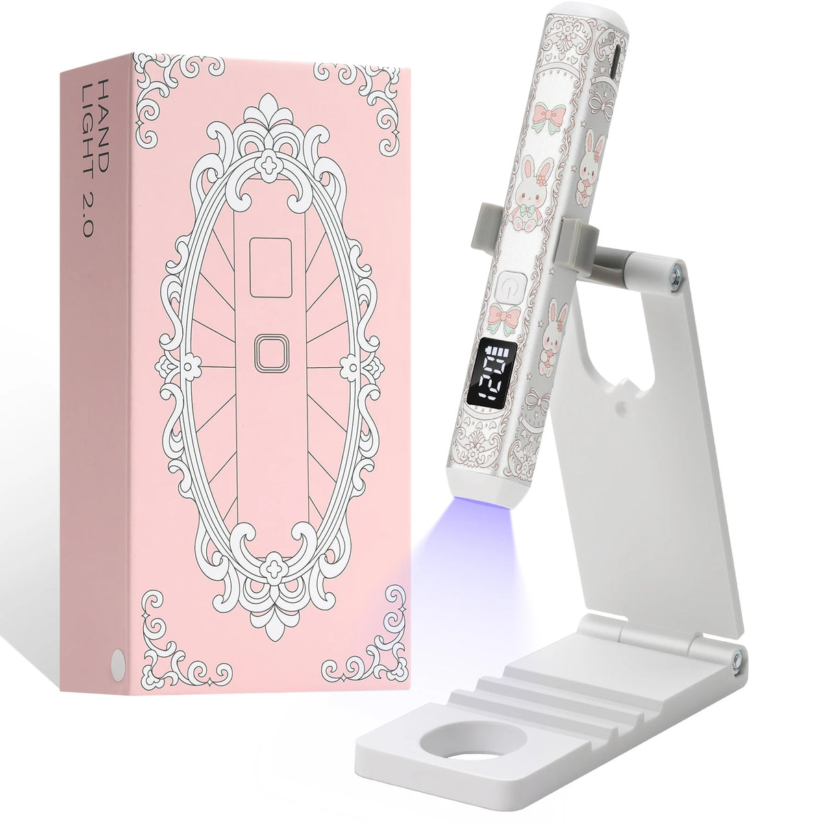 5-in-1 Rabbit UV LED Nail Lamp Stand Rechargeable Foldable, 3 Timer Modes, Pink/White
