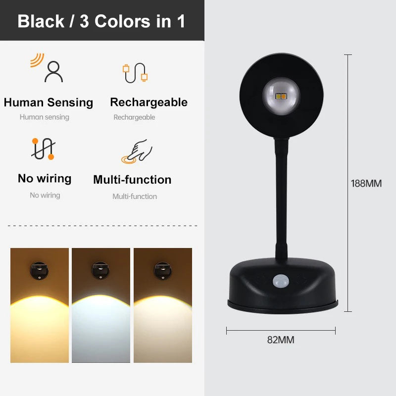 USB Rechargeable Intelligent Human Sensing Wireless Wall Light Dimmable Led Spotlight for Lighting Paintings Pictures 3 Colors