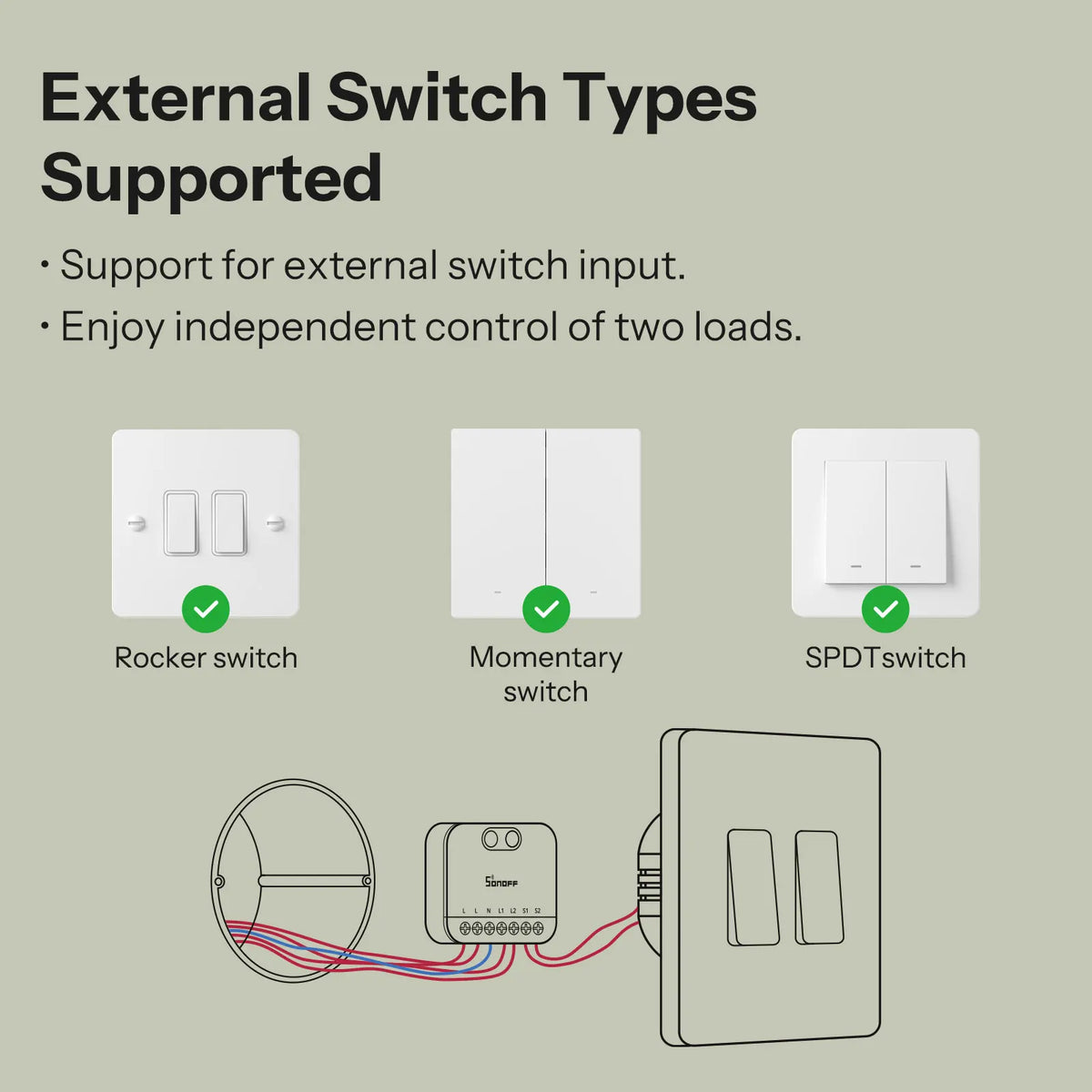 SONOFF MINI-2GS 2-Gang Matter WiFi Smart Switch, Dual Load Control, Detach Relay, Alexa/Apple Home