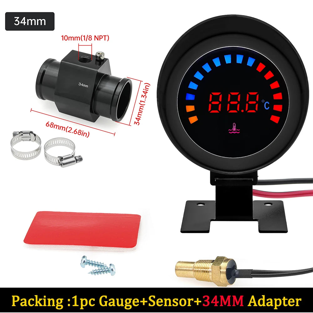 52MM Water Temp Gauge 12~24V LCD Digital Water Thermometer Meter with Sensor + Adapter Joint Pipe Radiator for Car Motorcycle