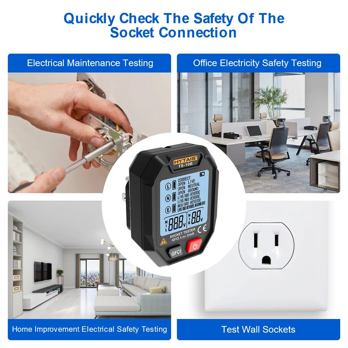 HYTAIS Digital Socket Tester Battery Power Smart Detector Large Backlit EU US UK Plug Ground Live Zero Line Polarity Phase Check