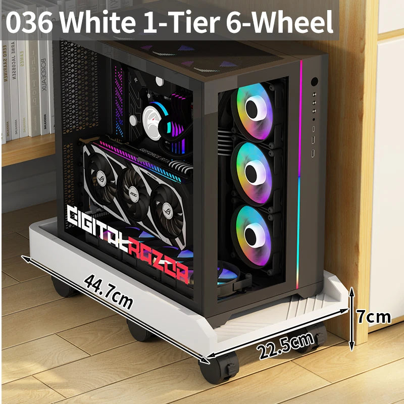 Adjustable Mobile CPU Stand with Wheels, Desktop PC Tower/Printer Cart Shelf, Black/White