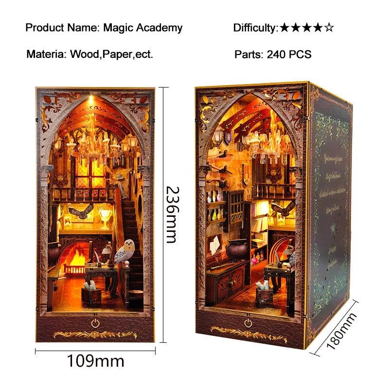 DIY Wooden Magic Academy Book Nook Figurines Miniatures Bookend Handmade Bookshelf for Friends Birthday Gifts Home Decor Crafts