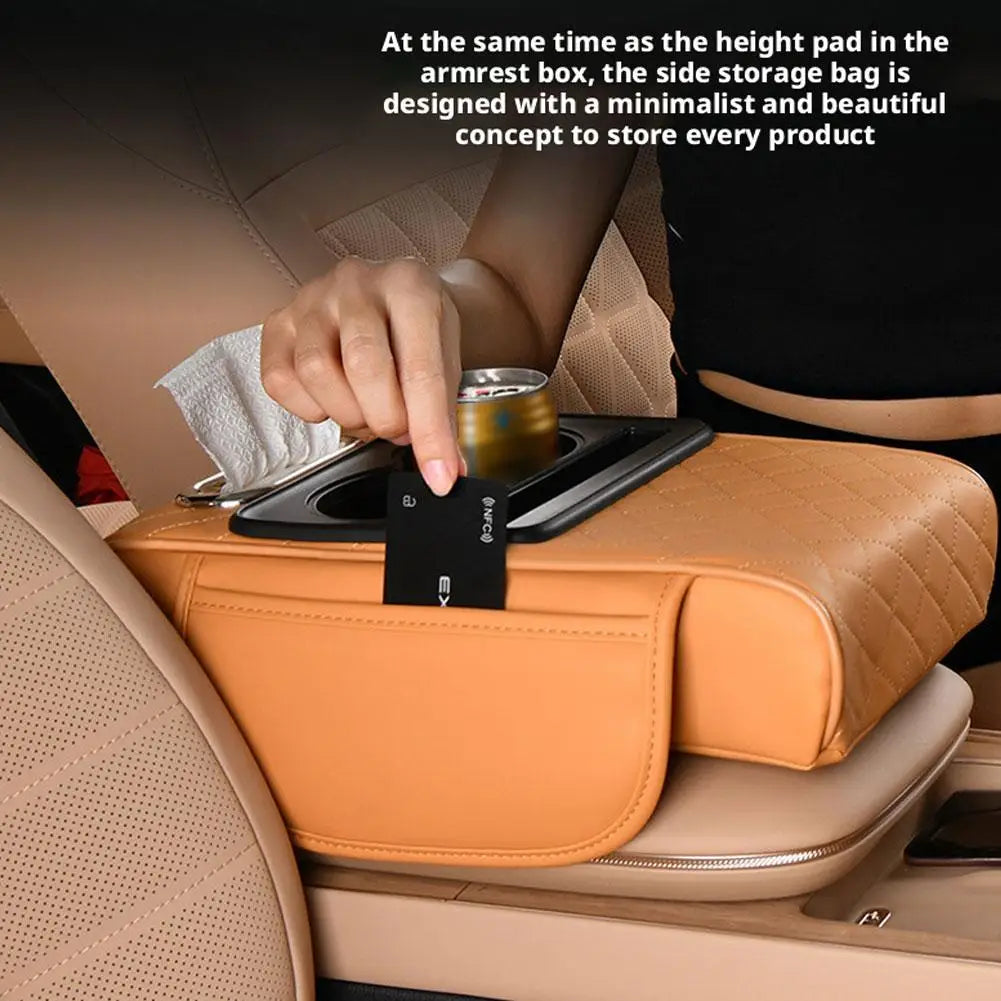 Car Armrest Box Multifunctional Thicken Height Pad Arm Rest Cushion with Pocket Tissue Cup Holder PU Elbow Support Height Pad