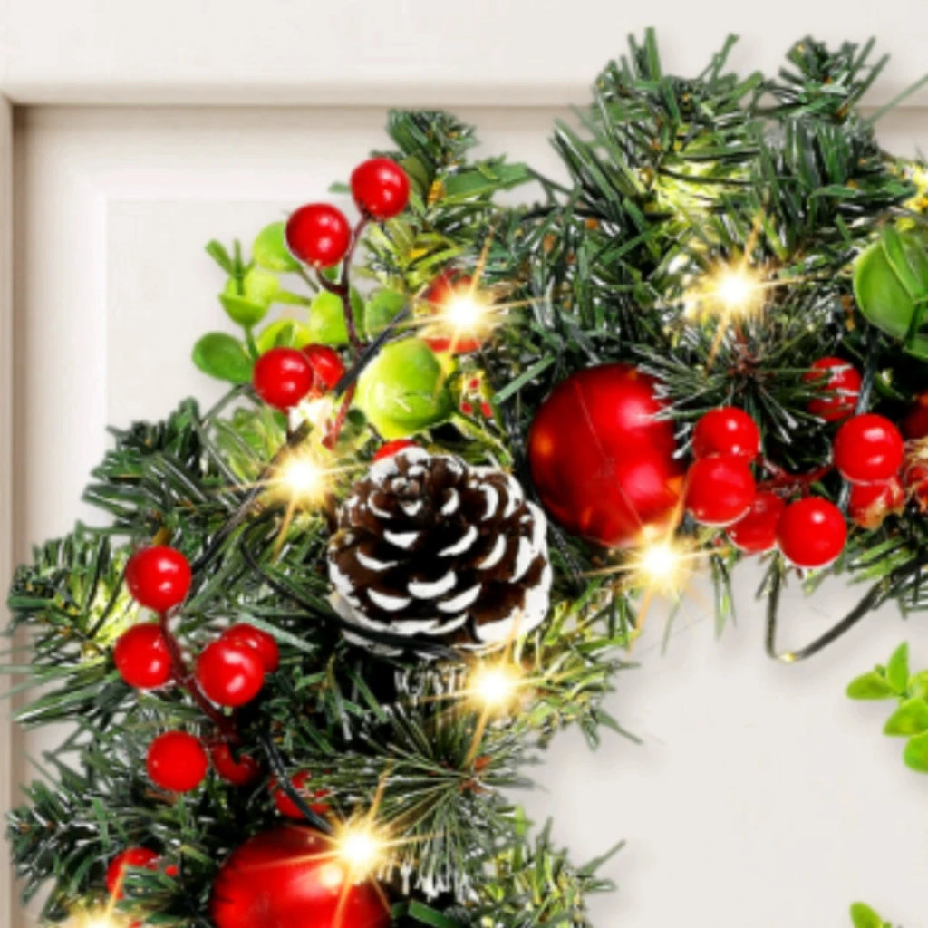 Elegant Red Christmas Wreath LED PVC Red Fruit Christmas Wreath Window Door Wall Ornament Decorations Home Halloween Decor Gifts