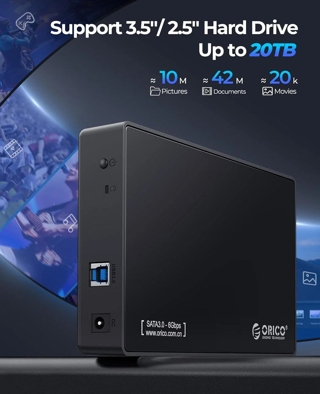 ORICO USB 3.0 External Hard Drive Enclosure for 3.5/2.5 Inch SATA Hard Drives/SSD Up to 20TB with 12V/2A Power Supply UASP