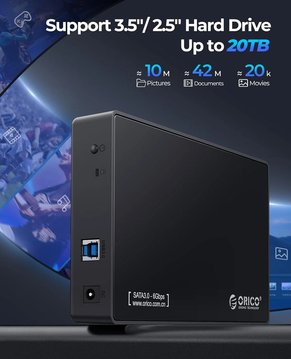 ORICO USB 3.0 External Hard Drive Enclosure for 3.5/2.5 Inch SATA Hard Drives/SSD Up to 20TB with 12V/2A Power Supply UASP