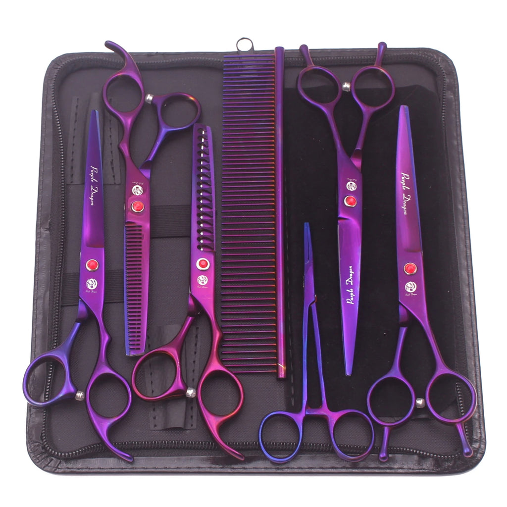 Purple Dragon Dog Grooming Scissors Kit 7" 6.5" Stainless Pet Curved Scissors Thinning Scissors Straight Shears Chunker Z3002