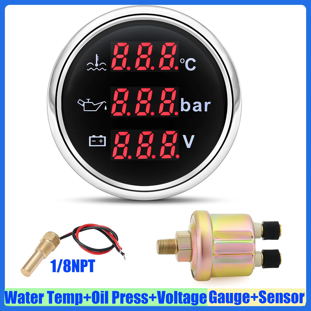 Auto Car 3 IN 1 52mm Gauge Water Temperature+Oil Pressure+Volt with Alarm Red LED Digital Water Temp Gauge+Sensor 12V24V Custom