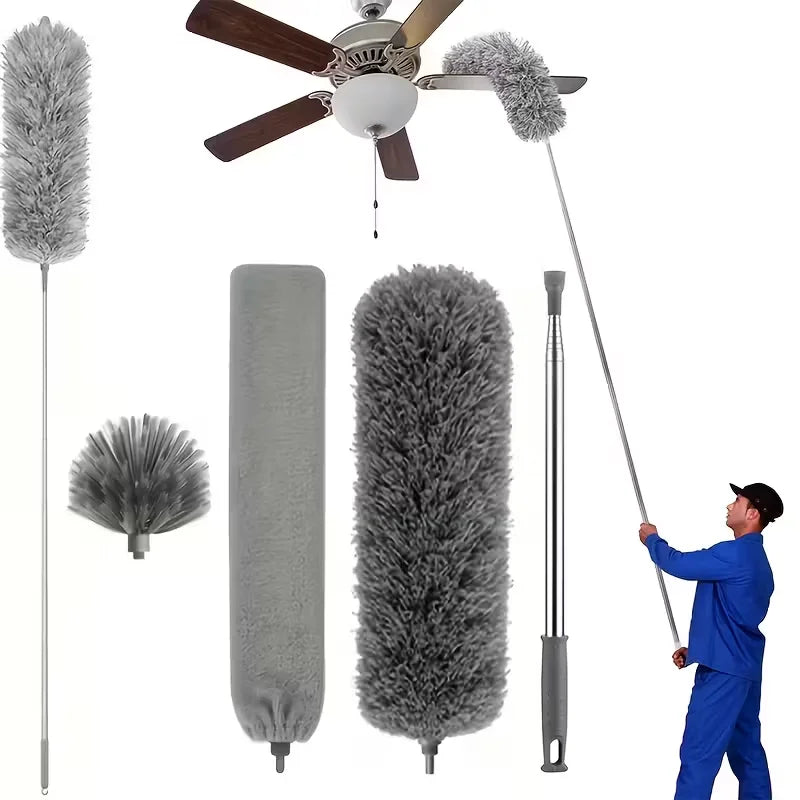 Microfiber Duster with 113.39inch Telescopic Extension Pole Kit for High Ceilings, Cleaning Fan Spider Webs, Reusable and Washab