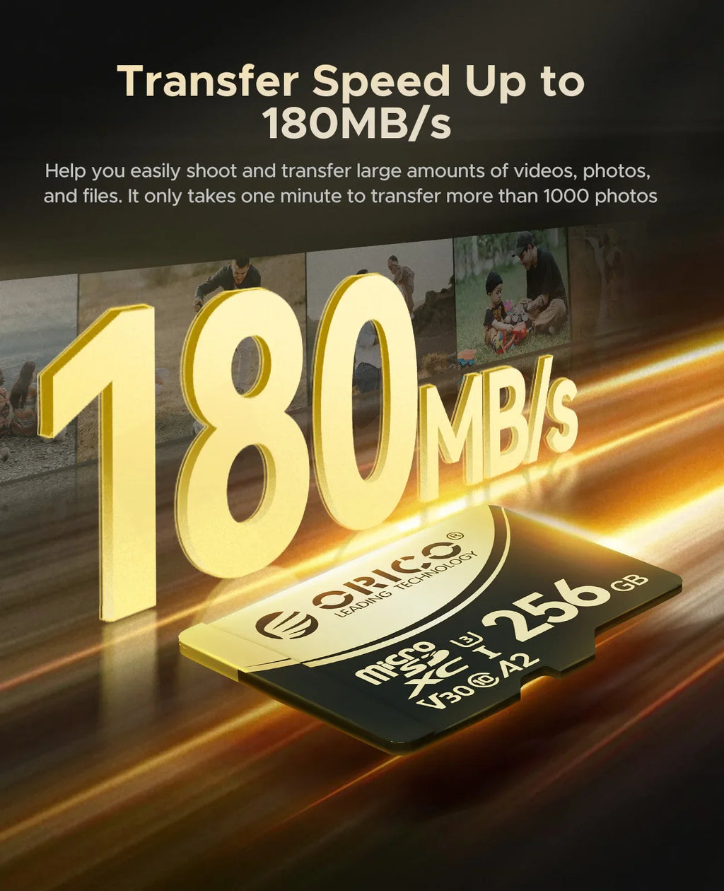 ORICO Micro SD Card TF Memory Card 512GBFull HD and 4K UHD C10, U3, V30, A2, microSDXC Up to180 MB/s for GoPRO DJI Drone