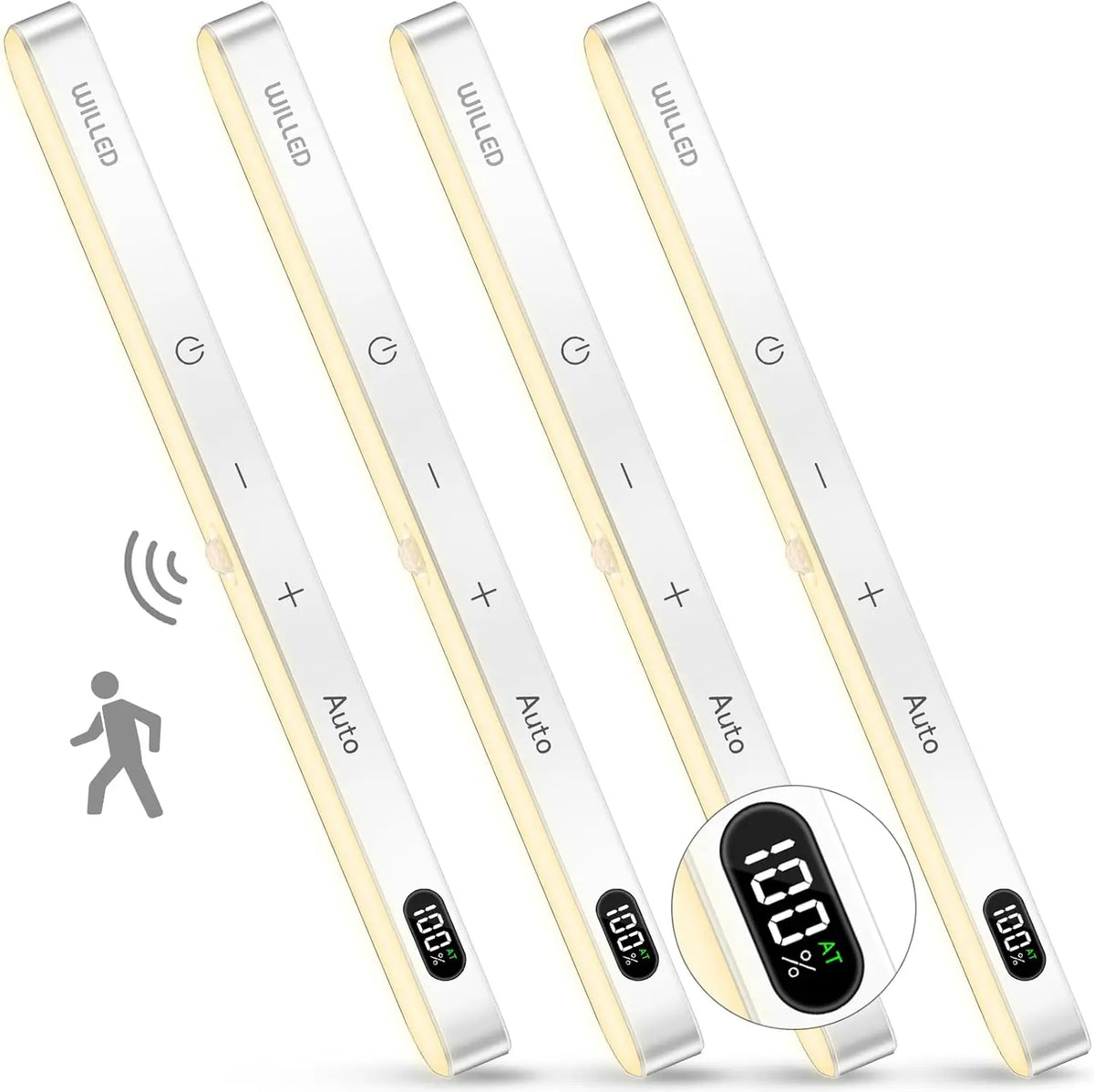 WILLED Warm Light Motion Sensor Cabinet Light Battery Display 60 LED Touch Light Bar Wireless Rechargeable Battery Night Light