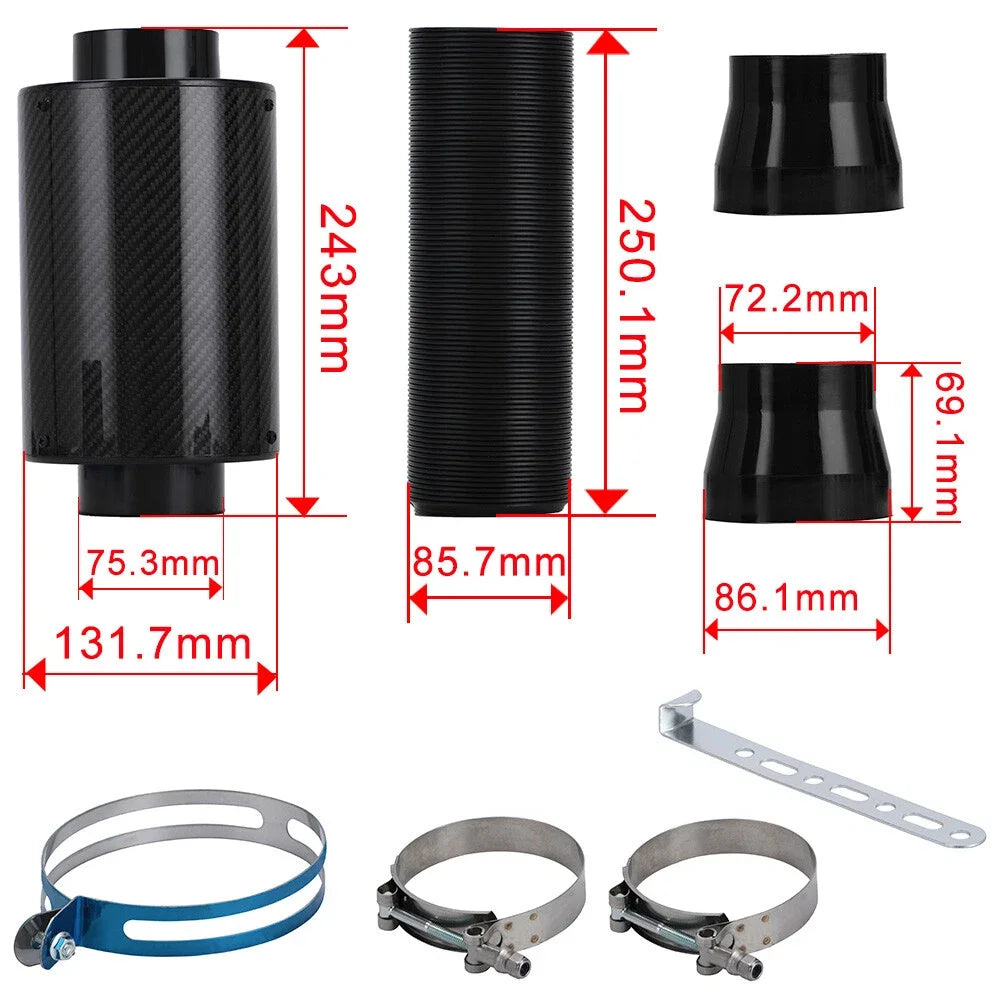 Universal Carbon Fiber Cold Air Intake Kit Enclosed Filter Box Induction Pipe Hose, Black