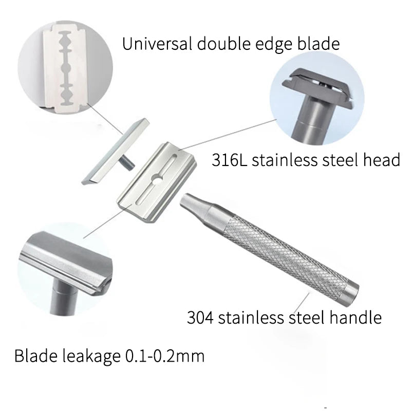 Stainless Steel Double Edge Safety Razor 30° Angled, Reusable, Includes 5 Blades