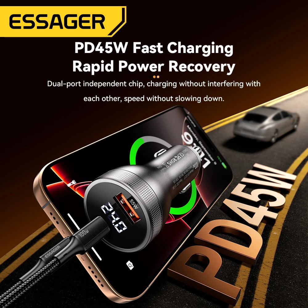 Essager 100W USB C Car Charger PD3.0 Fast Charging Digital Dispaly Quick Charge for iPhone 15pro Samsung Xiaomi  MacBook Laptop