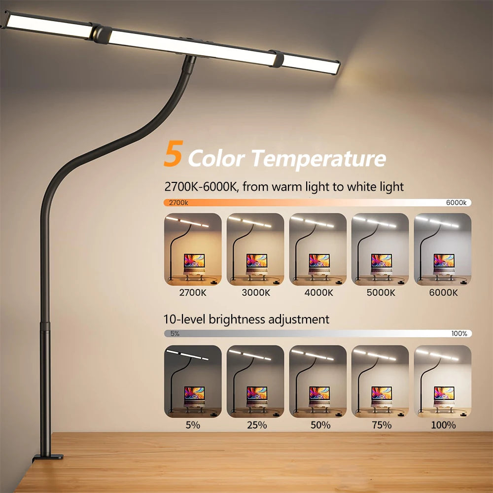3/2/1-head Eye Caring Architect Lamp with Clamp Computer Monitor Flexible Gooseneck Colour-adjustable Table Lamp for Home Office