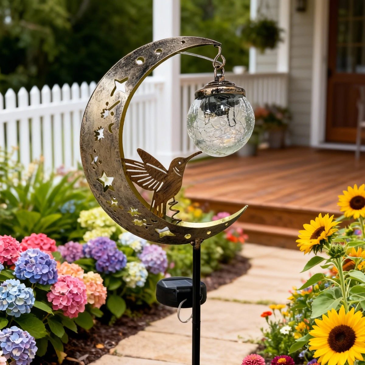 Solar moon ground stake light with hummingbird & glass ball, warm white 0-5W