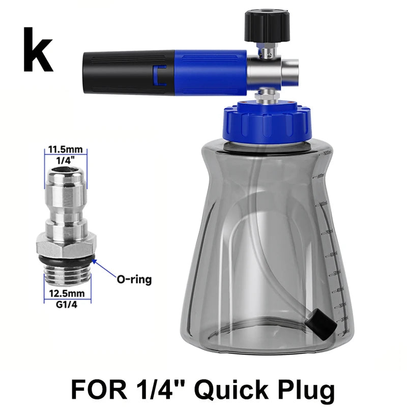 Stylish blue-black foam cannon, 1/4" quick-connect fitting, leak-proof lid air valve, for Karcher Elitech Bort AR Bosch