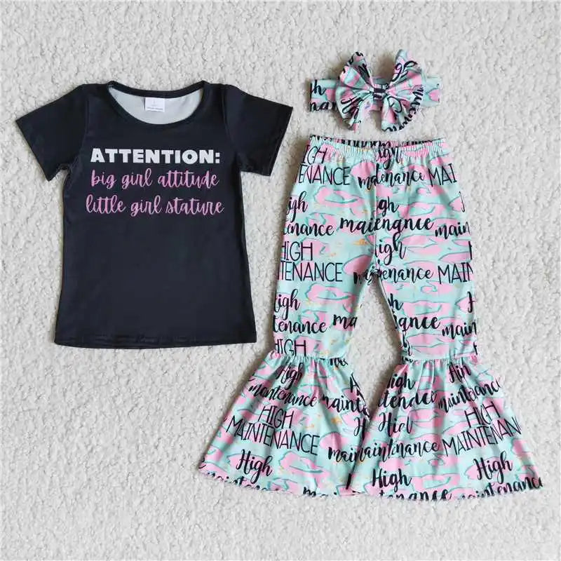 Wholesale No Moq Mama Baby Girl Clothes Short Sleeve Shirt Leopard Bell Bottom Pants Outfits Toddler Children Mother's Day Set