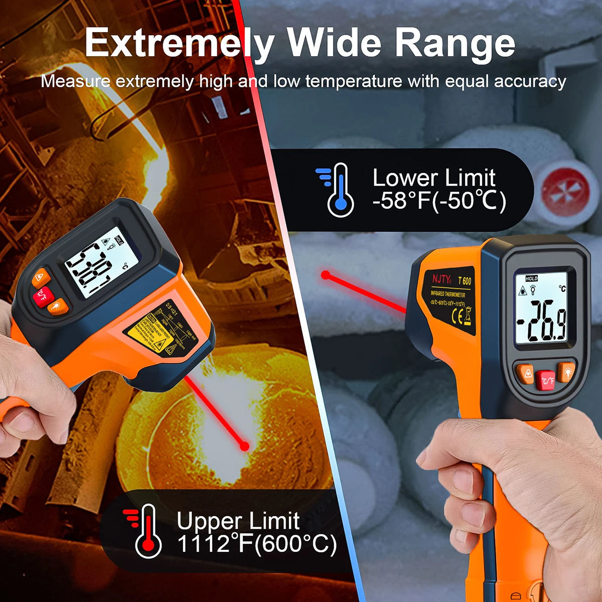 NJTY T600 T600A Digital Infrared Thermometer Gun -58°F to 1112°F (-50℃ to 600℃) Professional Industrial Laser Temperature Gun
