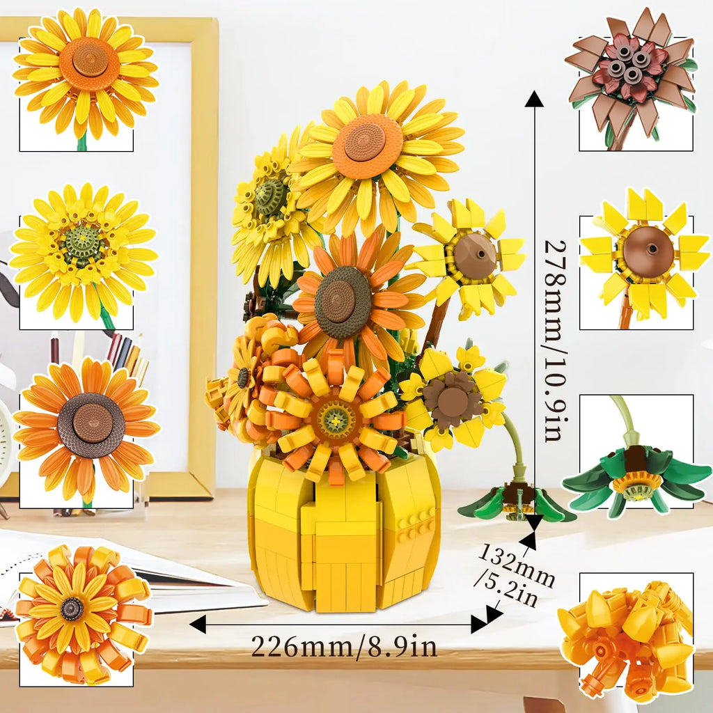 1009PCS Sunflower Building Blocks Flower Bouquet Vase Model Bricks Set Idea Home Decoration Kids Educational Toys Holiday Gifts