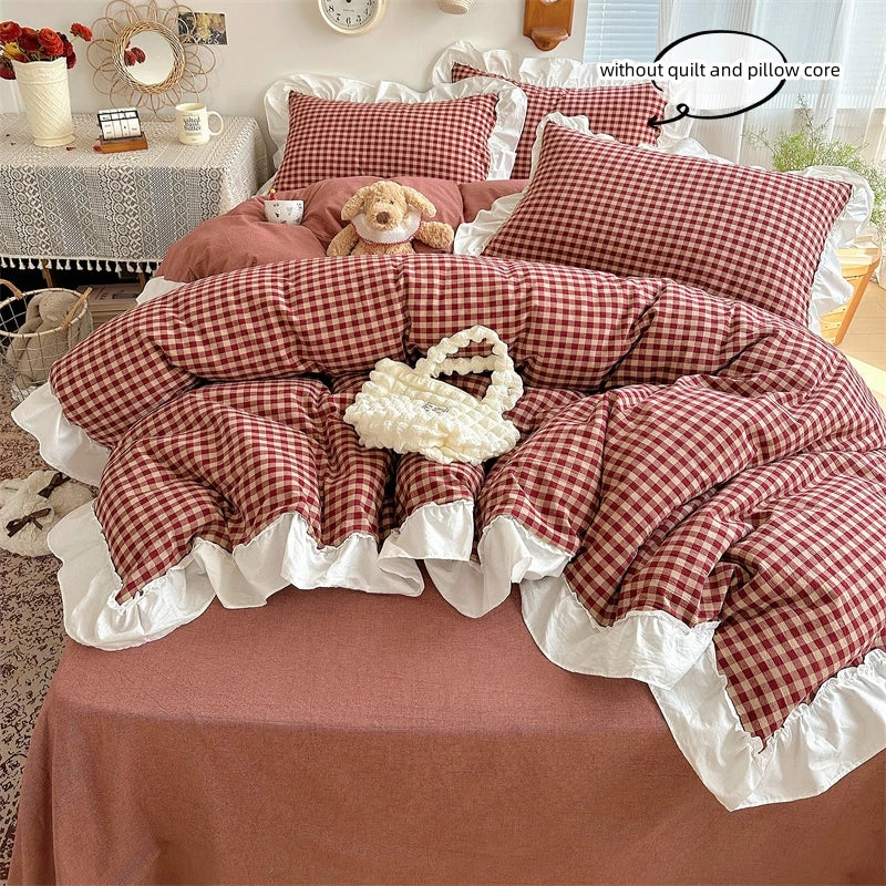 3pcs red,black plaid Duvet Cover Set (1*Duvet Cover + 2*Pillowcase, Without Core), Lace embroidery Bedding Set