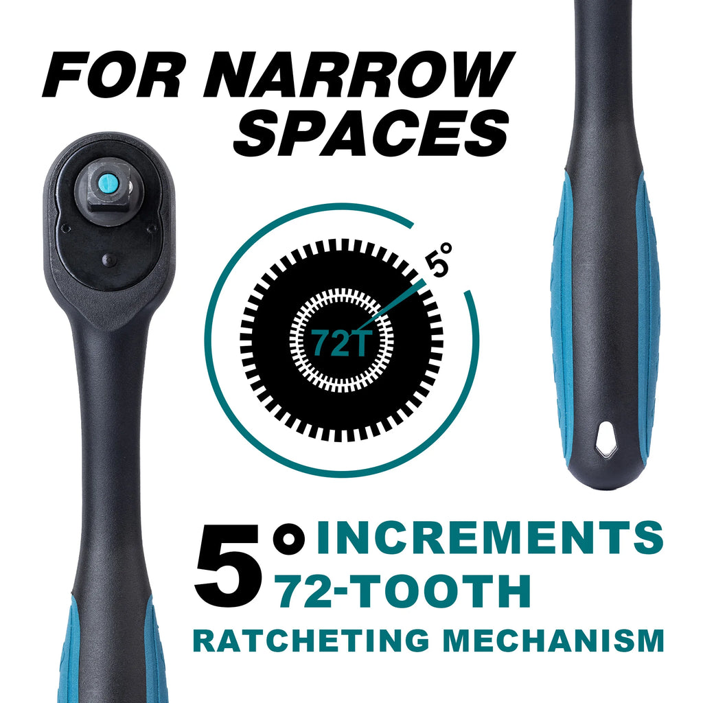 Ratchet Set 3PCS 1/4" 3/8"1/2" Ratchet Handle with Teardrop Head Quick-Release Ratchet Set with Comfort Grip 72 Teeth Wrench