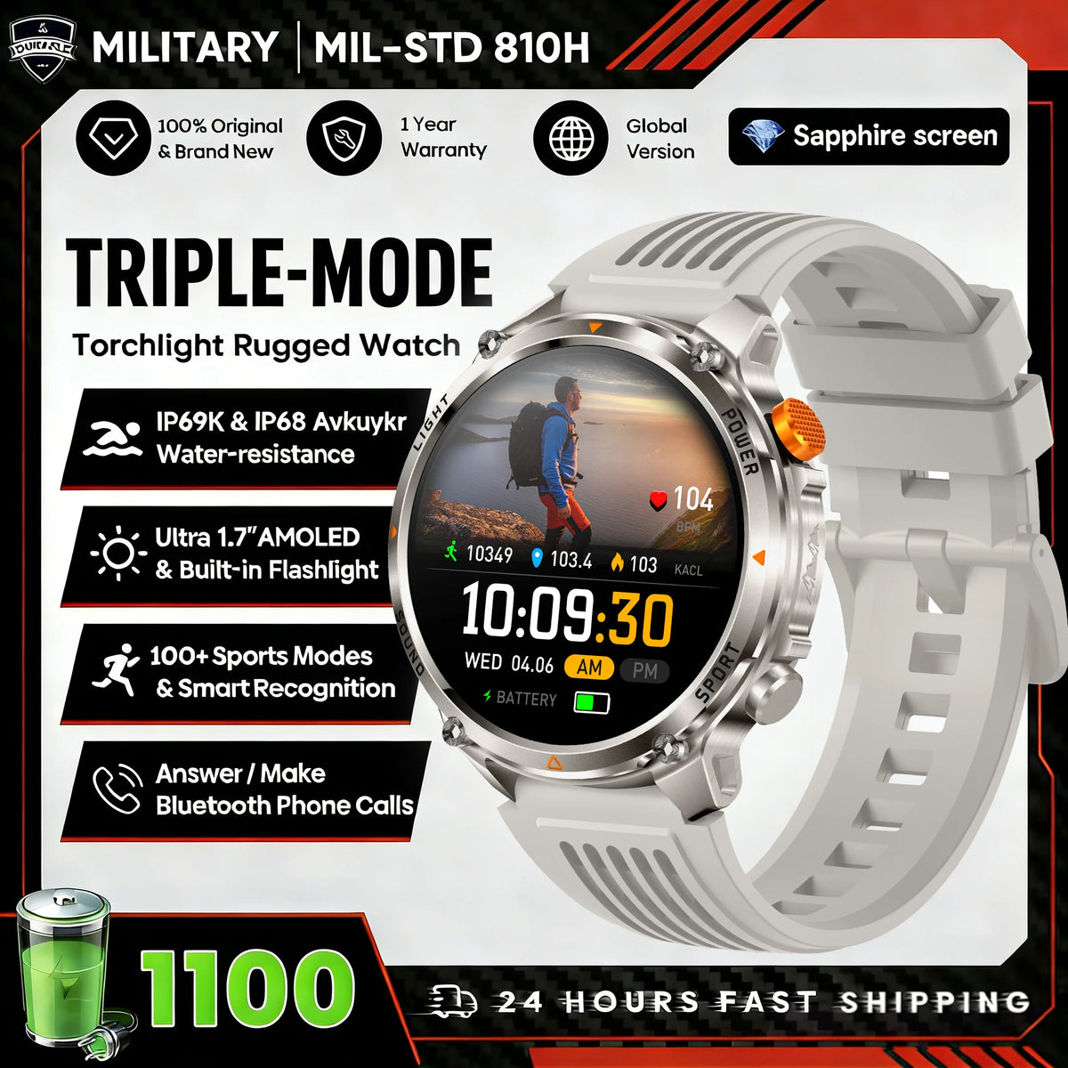 2026 New Fashion Luxury 1100mAh Battery 1.7-inch HD Screen Compass Wireless Call Flashlight 100+Sports Outdoor Sports smart