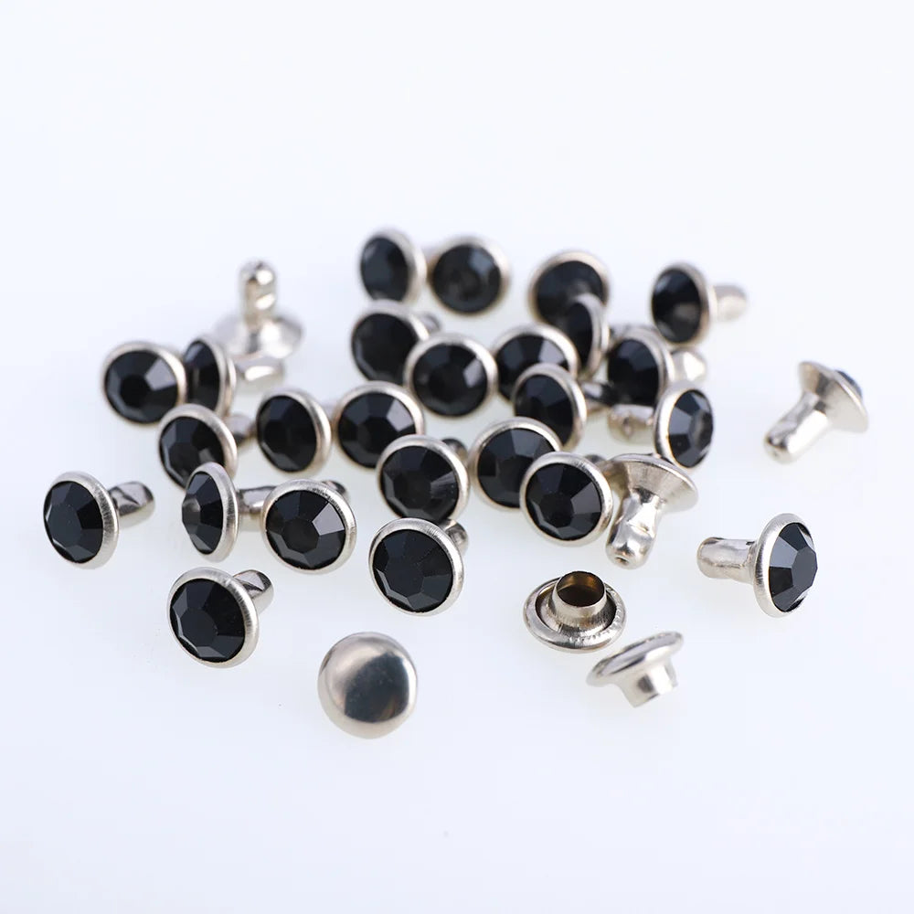 100 Sets 6/8mm Glass Rivets Rhinestone Glitter Crystal AB Silver Edge Stones Studs With Care Rhinestones for DIY Crafts Leather