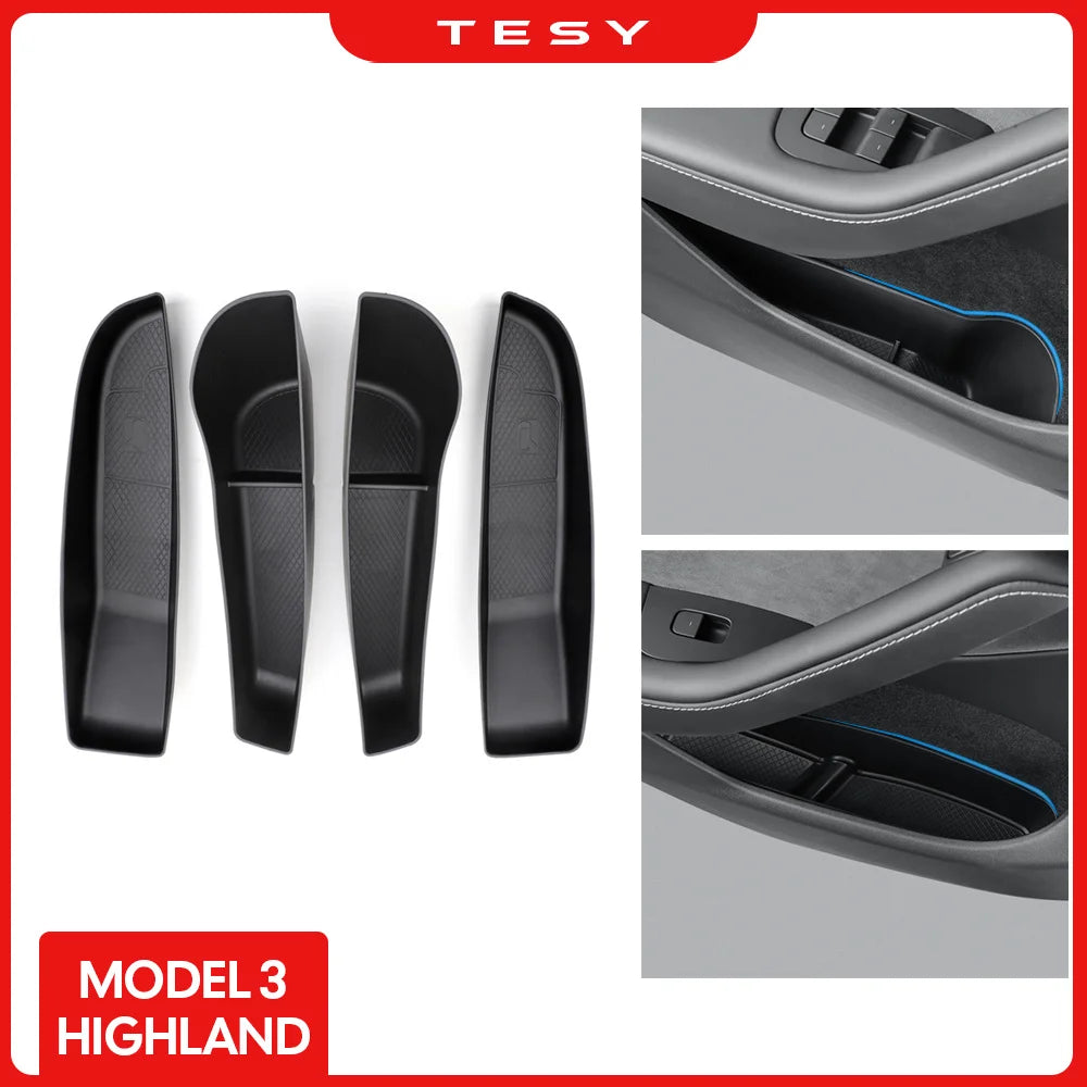 For Tesla Model 3 Highland 2024 Car Door Side Storage Box Front Rear Side TPE Door Storage Organizer Tray Interior Accessories
