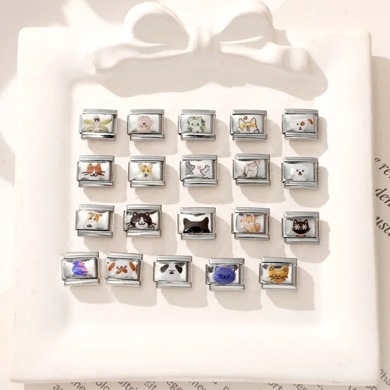 2025 Original Cute Cartoon Colorful Pet Dog Black Cats Italian Charm Links Fit 9mm Stainless Steel Bracelet Men Women DIY Making