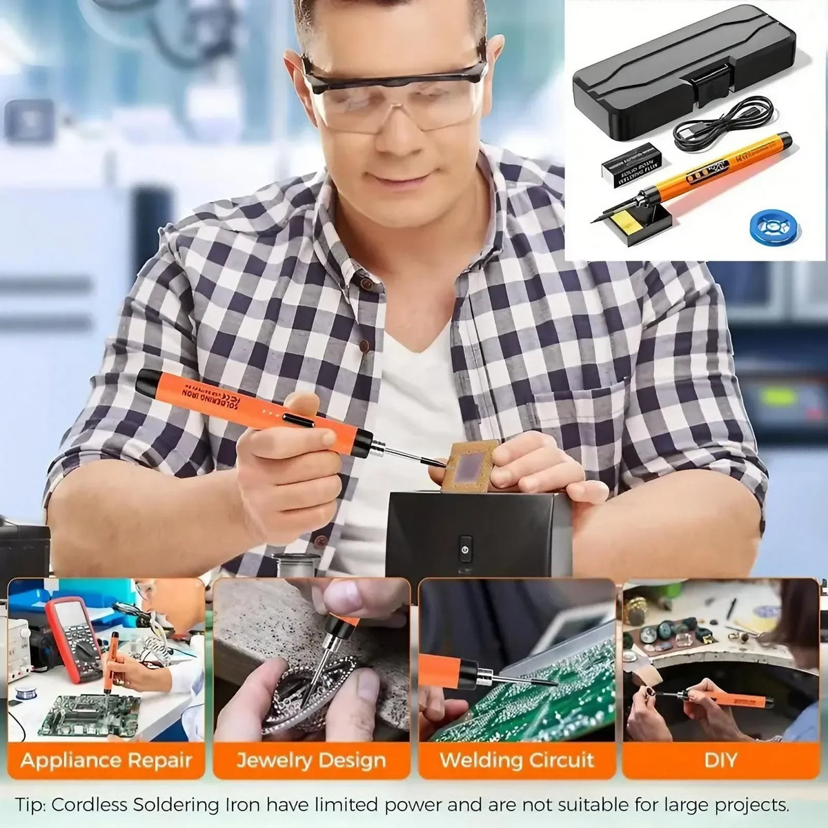 USB Rechargeable Mini Soldering Iron Adjustable Temperature Kit with Accessories, Grey/Orange