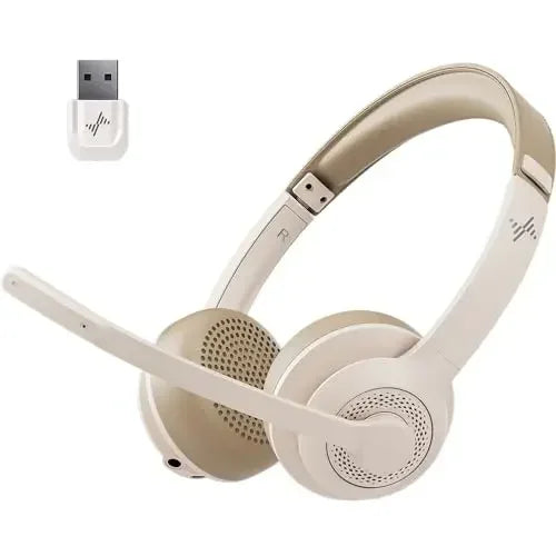 JIAMQISHI Wireless Bluetooth 5.2 Headset with Mic & USB Dongle, Mic Mute, Beige