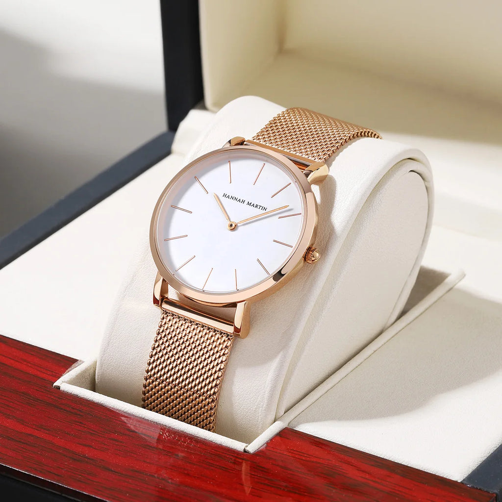 2023 New Women Bracelet Watch 1 Set Japan Quartz Movement Simple Rose Gold Stainless Steel Mesh Student Watches Relogio Feminino