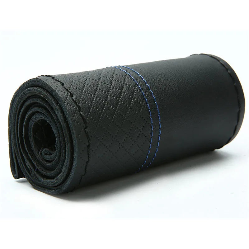 38cm Top Layer Cowhide Soft Genuine Leather Braid Steering Wheel Cover Black Double Line Hand-stitched With Needle Thread