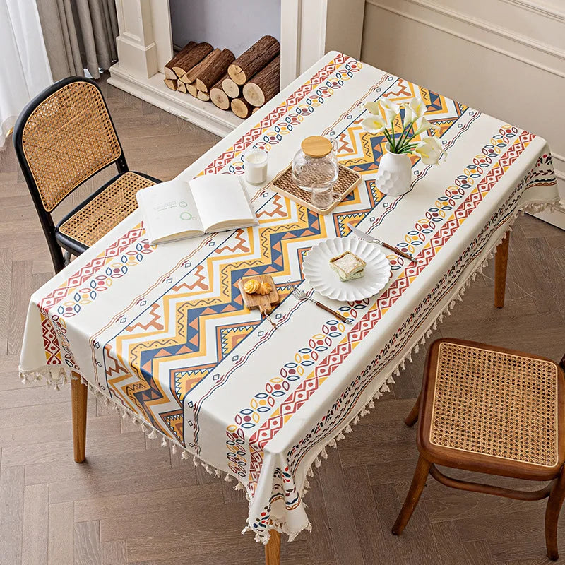 Waterproof and Oil Resistant Tablecloth Cotton and Linen Non Wash Fabric Ethnic Style Rectangular Tassel Homestay Tablecloth