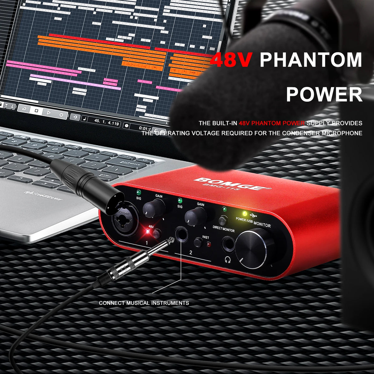 BOMGE BMG-11S Audio Interface 24-bit/192kHz Professional Sound Card And Monitor Headphones Amplifier Are Used For Live Recording