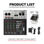 Debra DG04S 4-Channel Mixing Soundcard, Mixer, Bluetooth 5.0, 24-bit/192k Sample Rate, OTG Interface, 48V Phantom Power for Bars