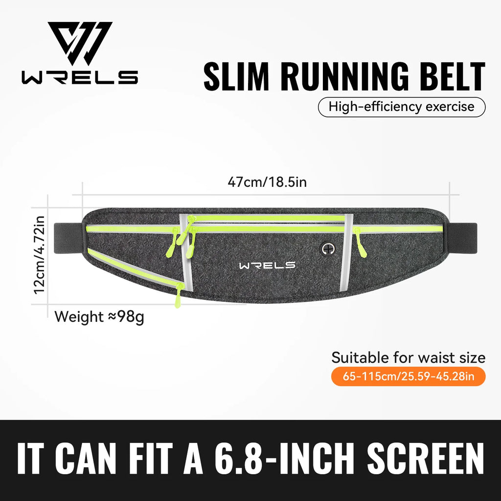 WRELS Waterproof Running Waist Belt Slim Sports Fanny Pack Invisible Fitness Phone Pouch for Hiking Travel Jogging Cycling