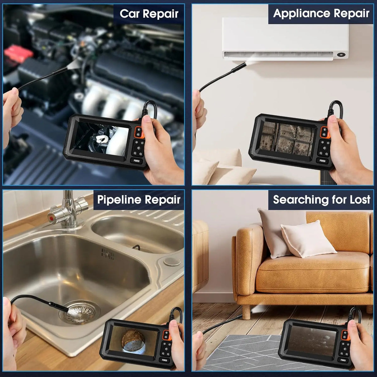 Industrial Endoscope Camera 4.3inch IPS Screen 8mm HD1080P IP67 Waterproof 8 LED Light Inspection Borescope for Pipe Car Repair