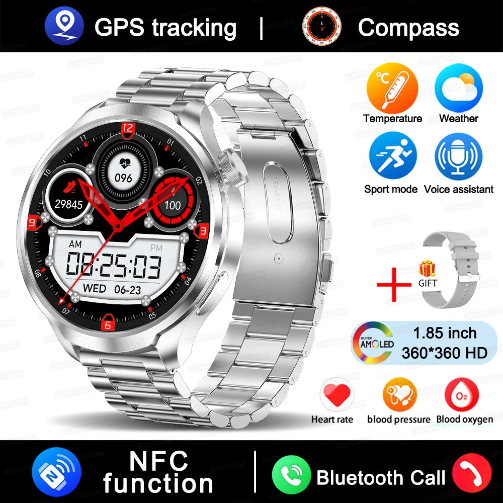 1.85" HD Big Screen Smart watch For men Sports NFC Watch Bluetooth Call Blood Pressure Temperature GPS Sport Track smart watch