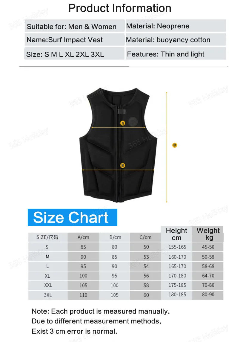 Men SURF Impact Vest Women Neoprene Wakesurf Wakesurf Comp Vest Adults Buoyancy vest Suitable for water sports  Life Jacket