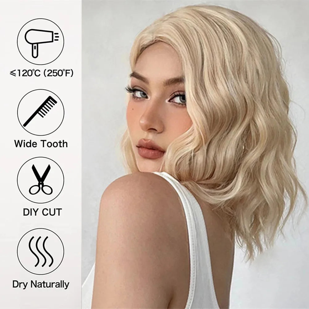 HENRY MARGU Platinum Blonde Short Curly Synthetic Wigs Short Wave Bob Hair Wigs Middle Part Natural Hairline Wig Heat Resistant