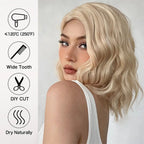 HENRY MARGU Platinum Blonde Short Curly Synthetic Wigs Short Wave Bob Hair Wigs Middle Part Natural Hairline Wig Heat Resistant
